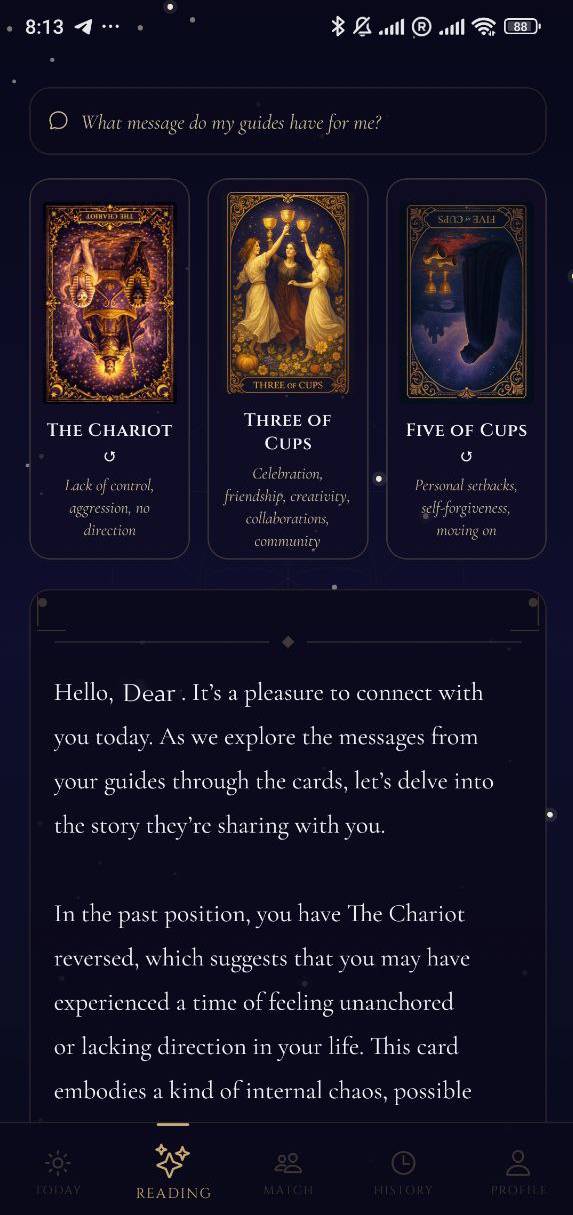 Mystic Tarot reading screen showing tarot cards and personalized interpretation